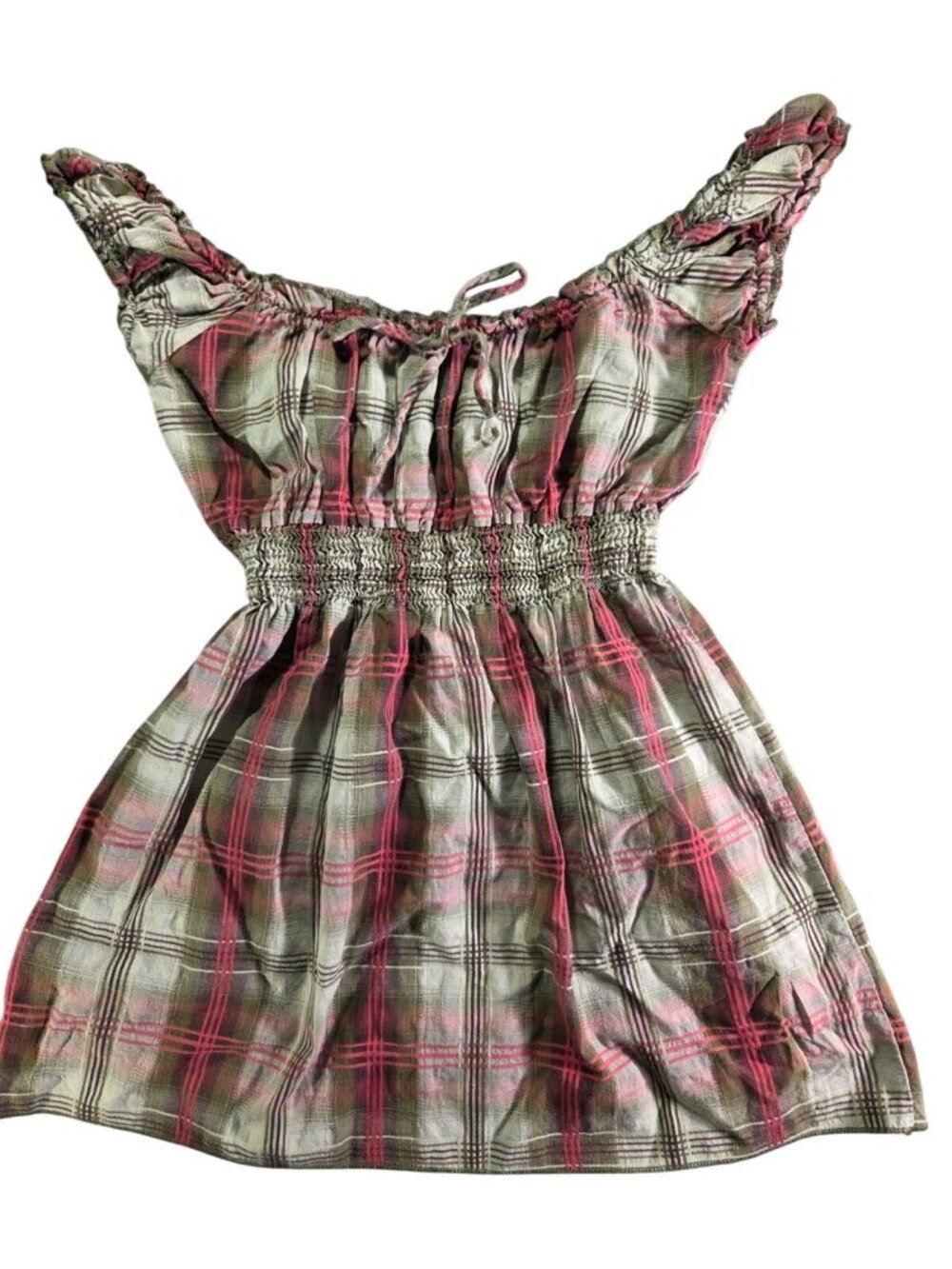 VTG Y2K Plaid Babydoll Top Smocked Milkmaid Red Green Top Size S Grunge Fairy